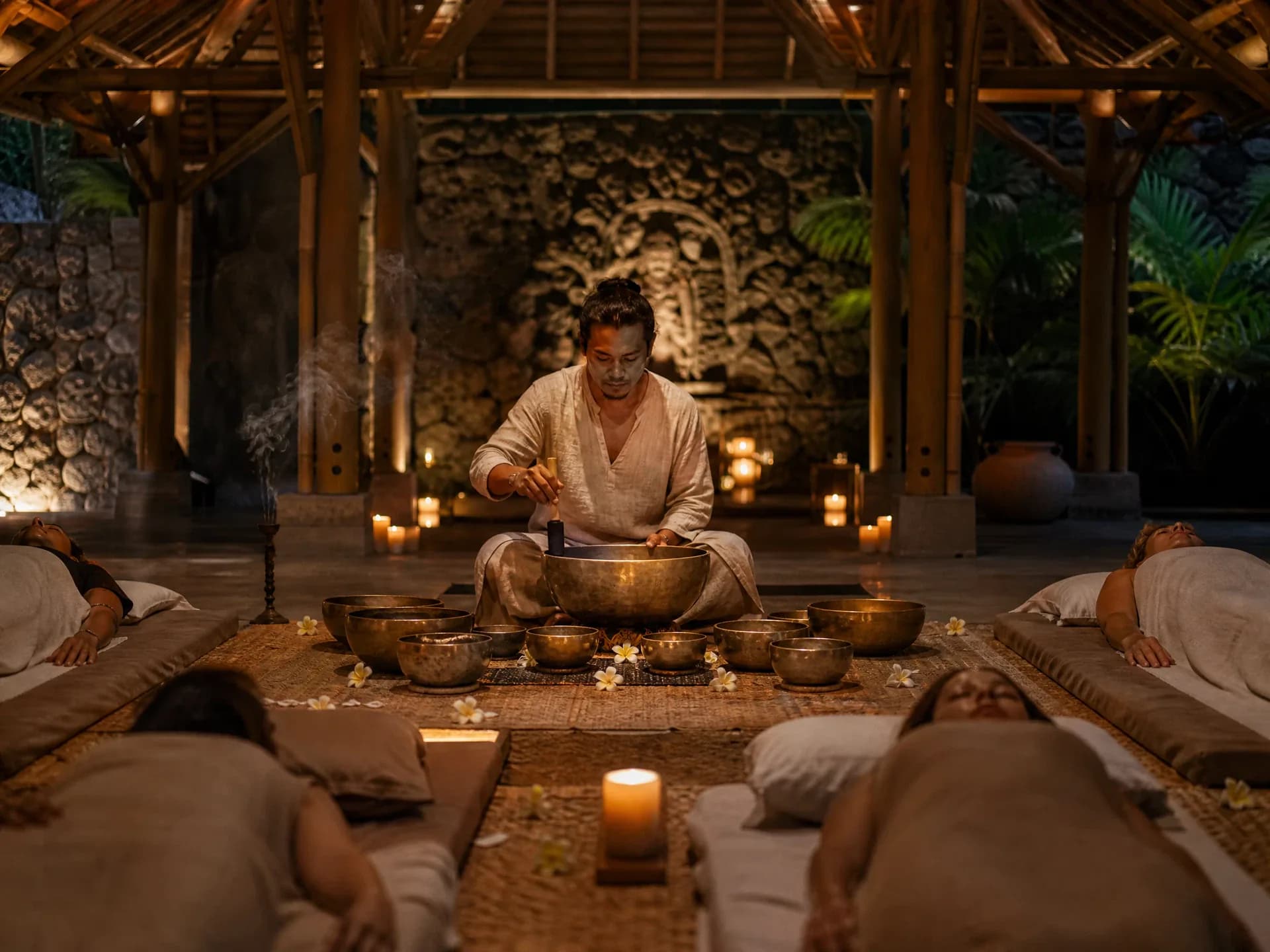 Sound Healing Ceremony Sound healing ceremony with singing bowls at a Bali detox Retreat sanctuary