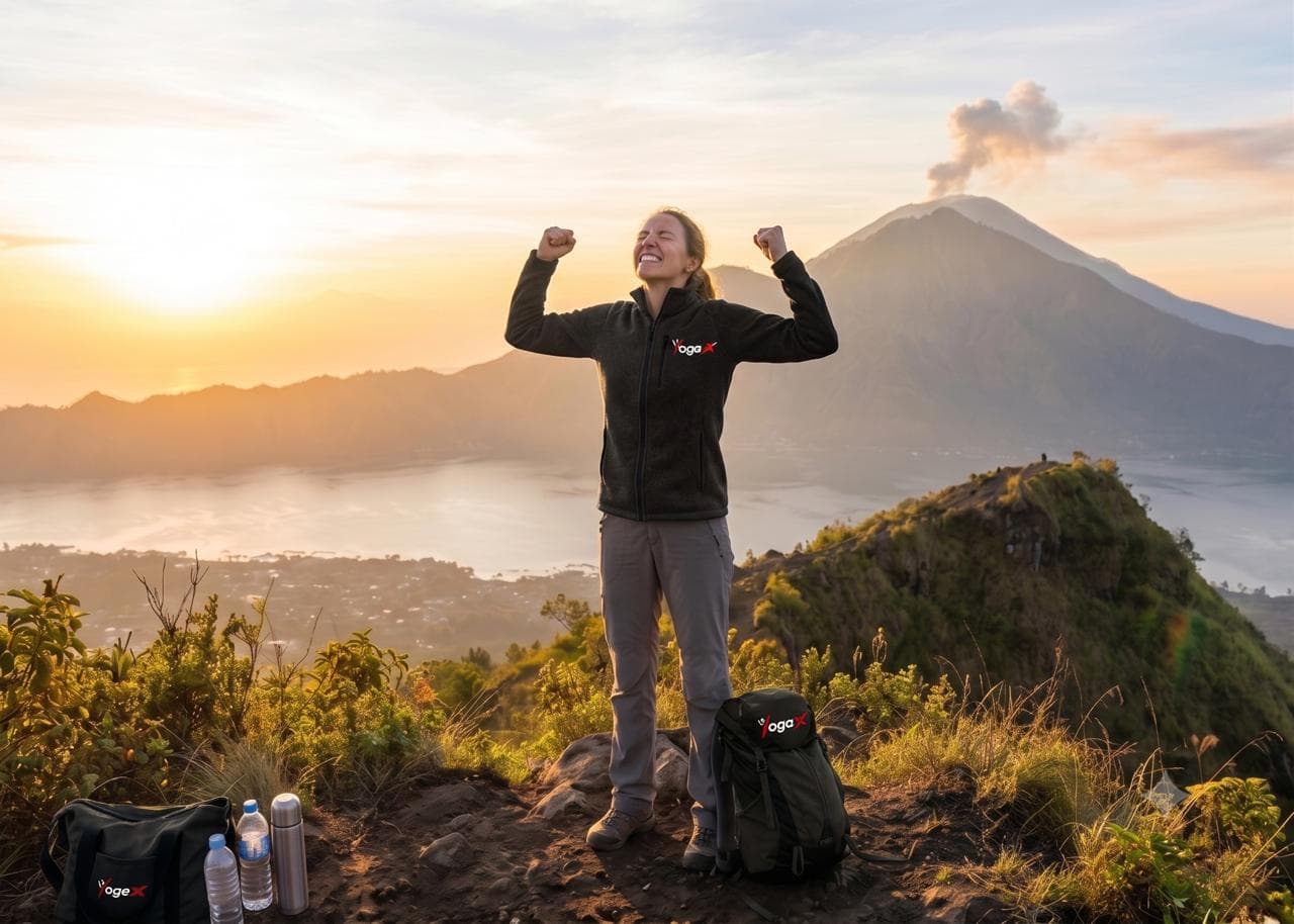 Day 06: The Signature of Success: The Climb A YogaFX guest celebrating at the summit after the final sunrise climb