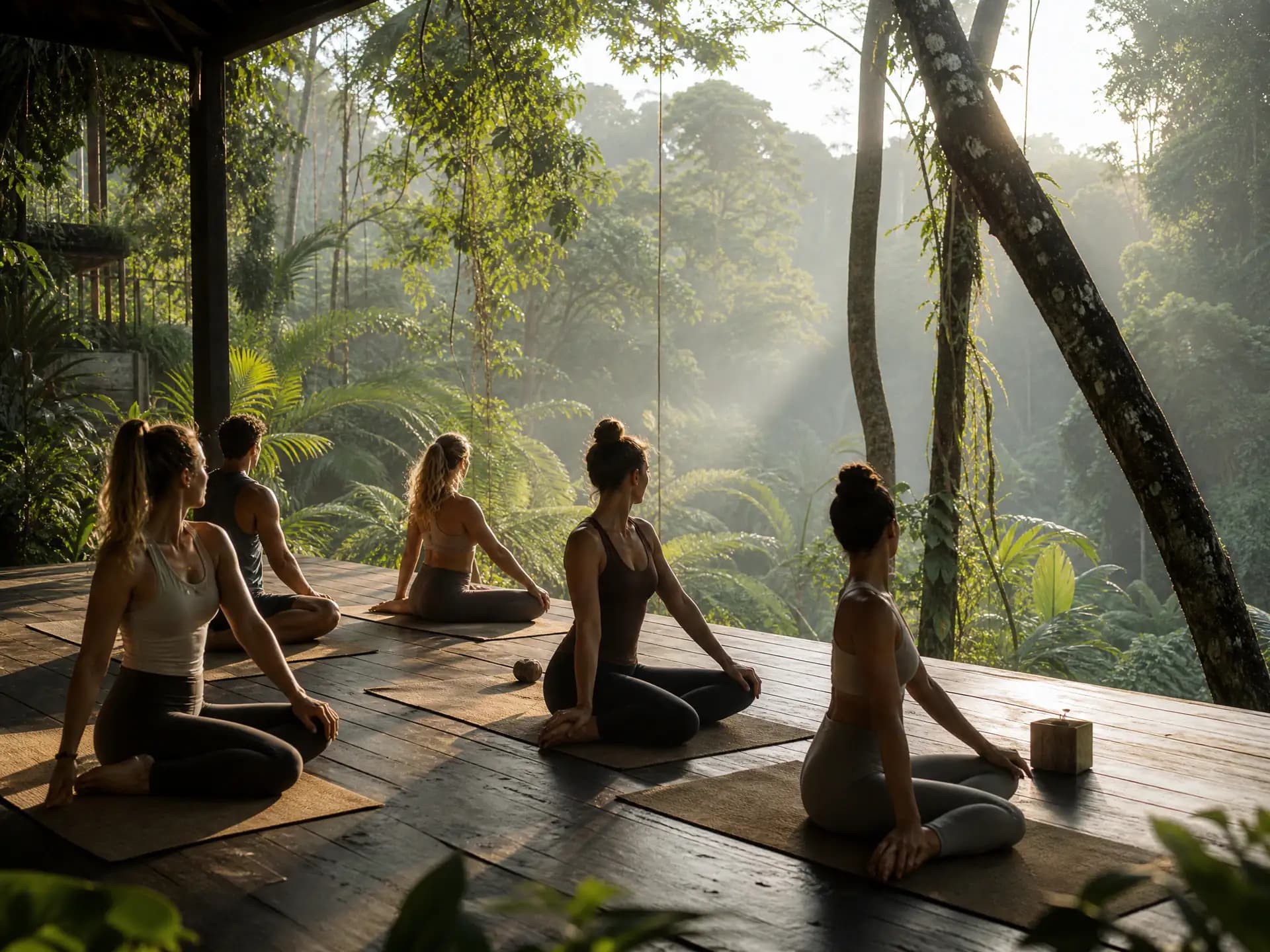 Day 02: Cultivating Mindset & Forging New Habits Morning somatic yoga on a jungle deck at the Bali yoga Retreat