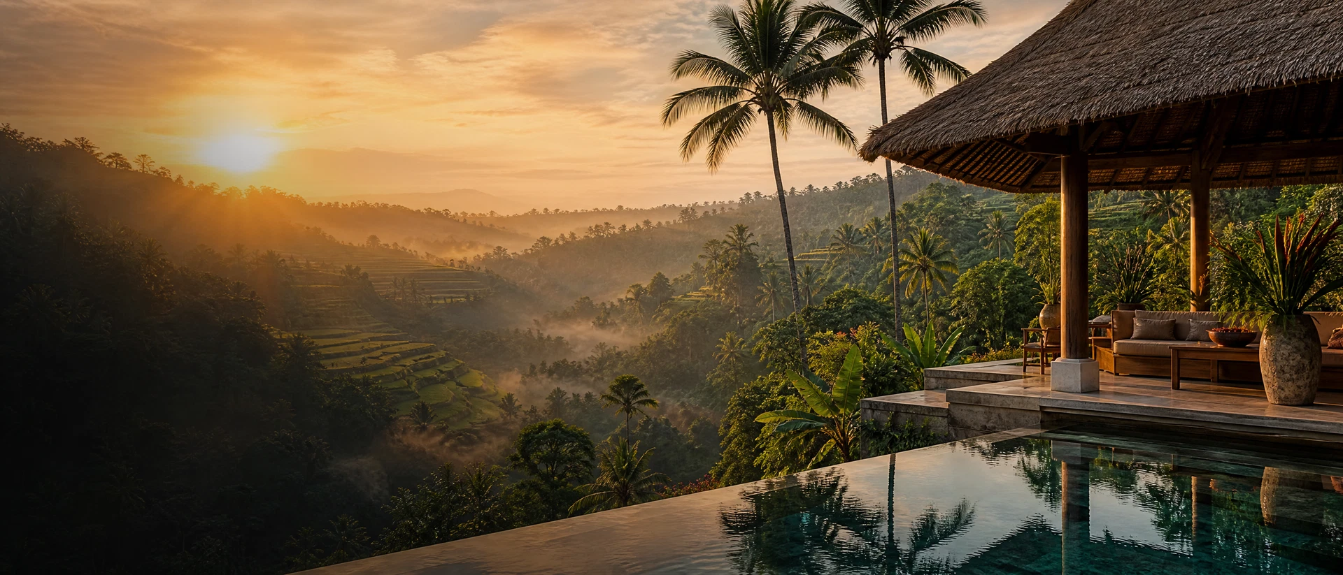Private yoga Retreat sanctuary in North Bali overlooking rice terraces at dawn